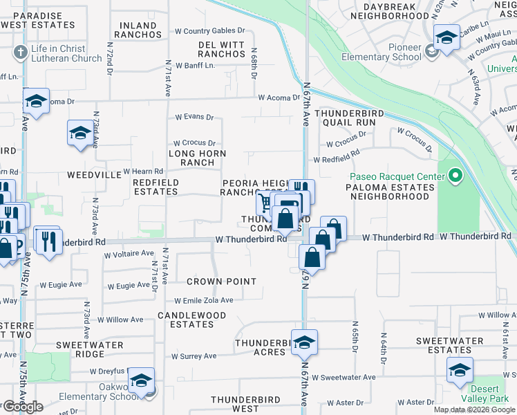 map of restaurants, bars, coffee shops, grocery stores, and more near 6810 West Thunderbird Road in Peoria
