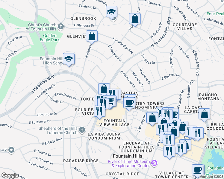 map of restaurants, bars, coffee shops, grocery stores, and more near 16323 East Arrow Drive in Fountain Hills
