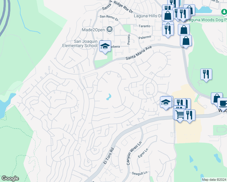 map of restaurants, bars, coffee shops, grocery stores, and more near 5518 Paseo Del Lago West in Laguna Woods