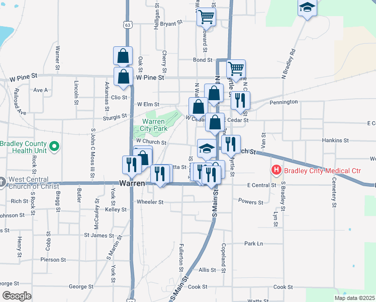 map of restaurants, bars, coffee shops, grocery stores, and more near 302 Turner Street in Warren
