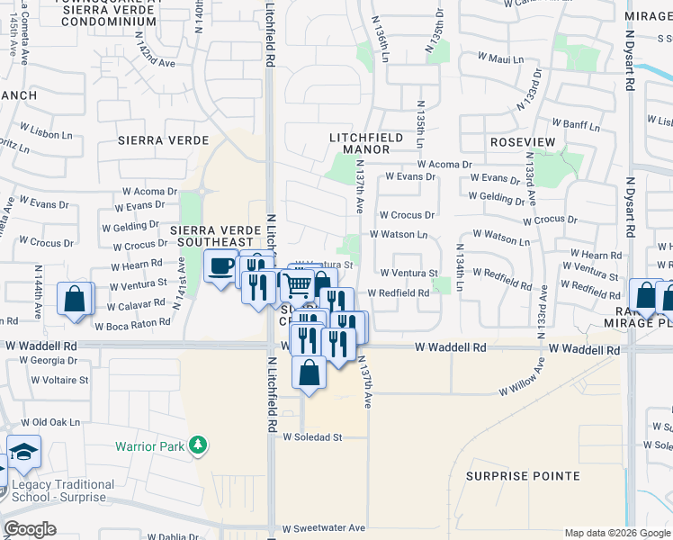 map of restaurants, bars, coffee shops, grocery stores, and more near 13759 West Ventura Street in Surprise