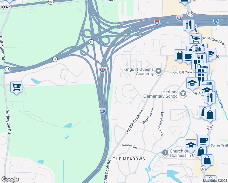 map of restaurants, bars, coffee shops, grocery stores, and more near 5369 Sand Bar Lane in College Park