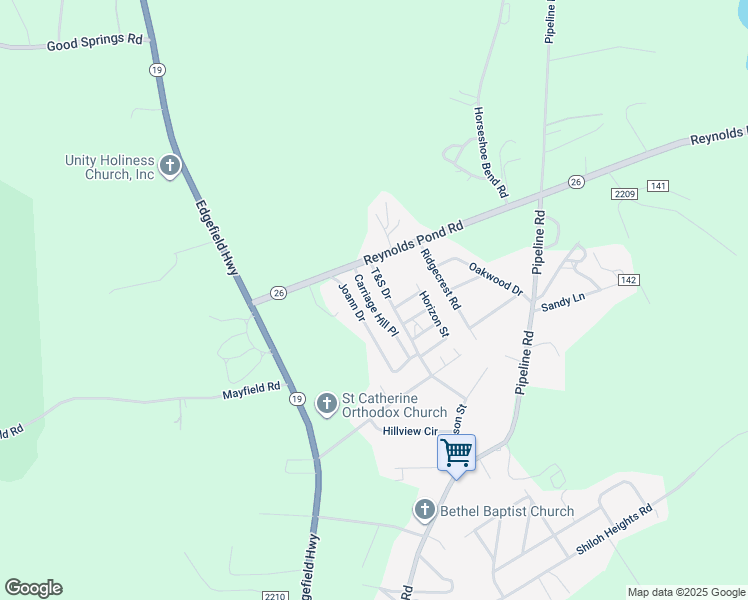 map of restaurants, bars, coffee shops, grocery stores, and more near 109 Carriage Hill Place in Aiken