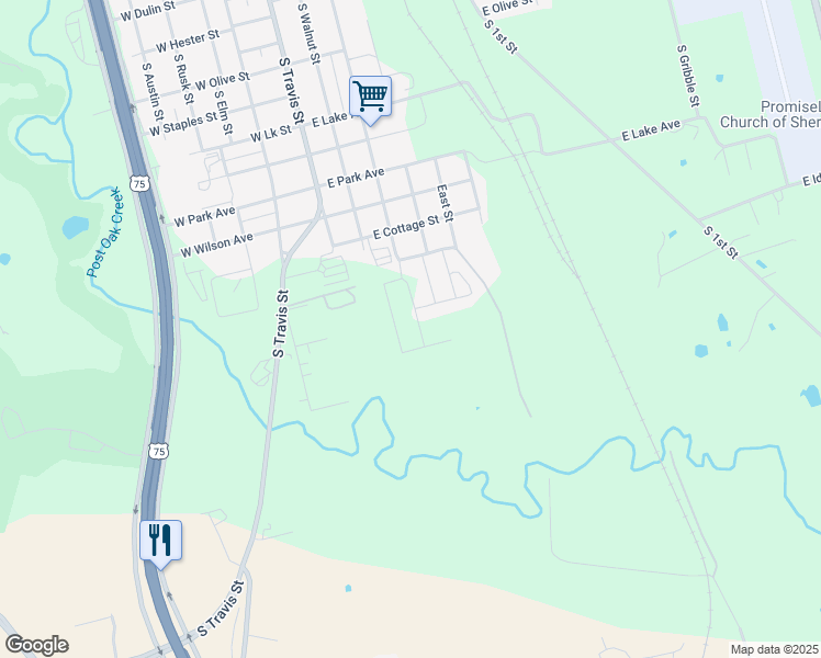 map of restaurants, bars, coffee shops, grocery stores, and more near Montgomery Street in Sherman