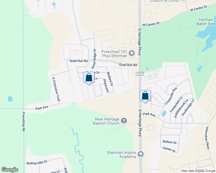 map of restaurants, bars, coffee shops, grocery stores, and more near 1405 Pheasant Drive in Sherman