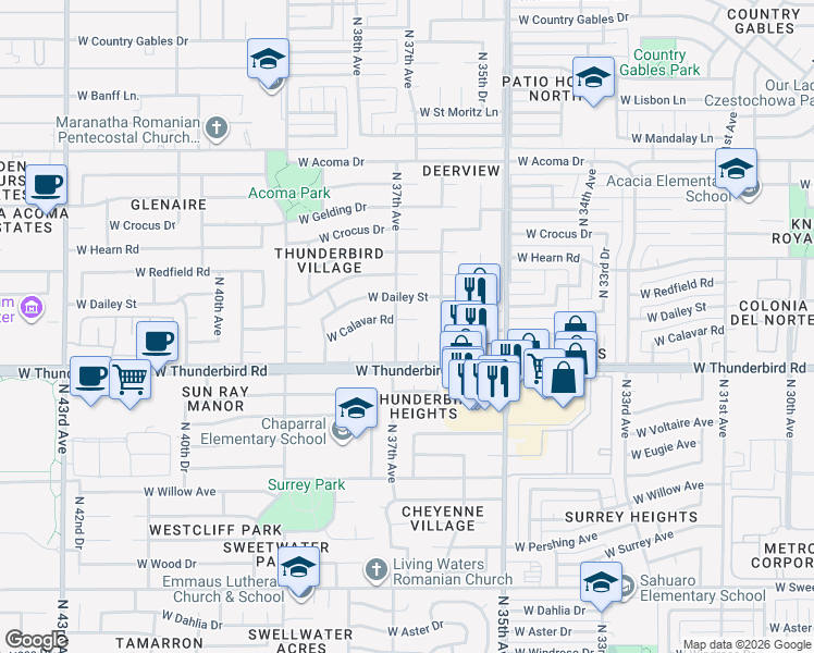 map of restaurants, bars, coffee shops, grocery stores, and more near 13899 North 36th Drive in Phoenix