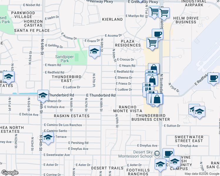 map of restaurants, bars, coffee shops, grocery stores, and more near 6836 East Ludlow Drive in Scottsdale