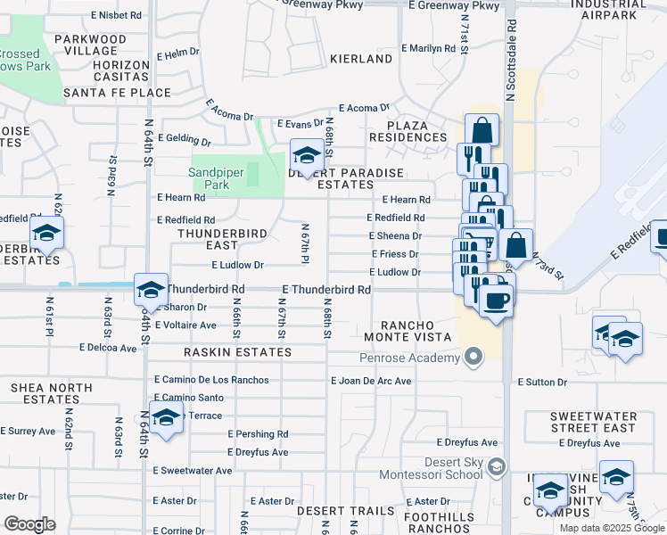 map of restaurants, bars, coffee shops, grocery stores, and more near 6801 East Ludlow Drive in Scottsdale