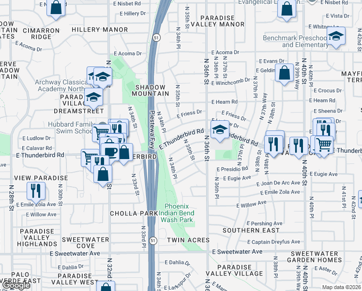 map of restaurants, bars, coffee shops, grocery stores, and more near 3475 East Sharon Drive in Phoenix