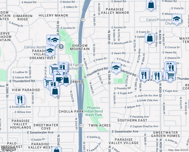 map of restaurants, bars, coffee shops, grocery stores, and more near 3475 East Sharon Drive in Phoenix