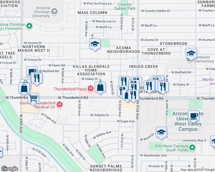 map of restaurants, bars, coffee shops, grocery stores, and more near 5229 West Vía Camille in Glendale