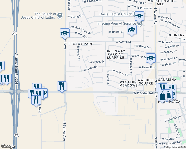 map of restaurants, bars, coffee shops, grocery stores, and more near 15954 West Redfield Road in Surprise