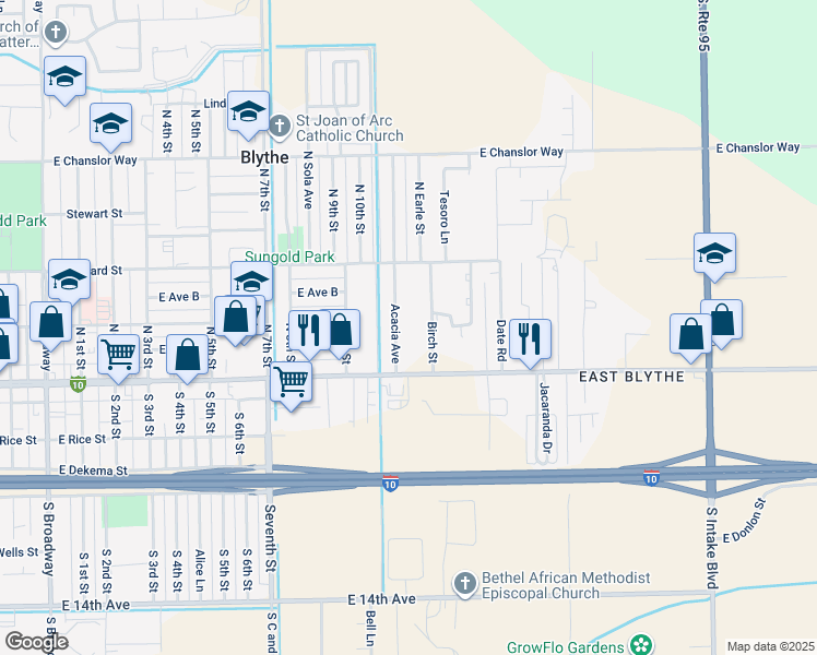 map of restaurants, bars, coffee shops, grocery stores, and more near 171 Birch Street in Blythe