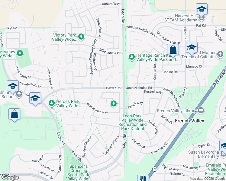 map of restaurants, bars, coffee shops, grocery stores, and more near 30916 Snowberry Lane in Murrieta