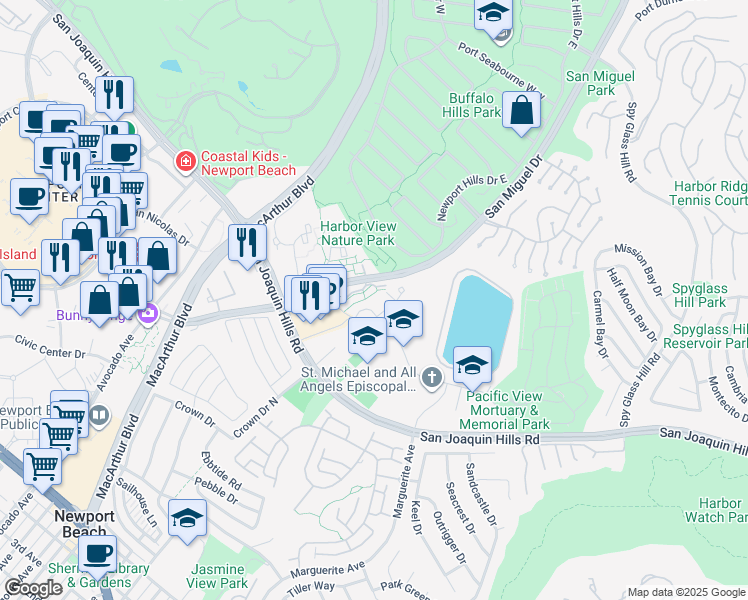 map of restaurants, bars, coffee shops, grocery stores, and more near in Newport Beach