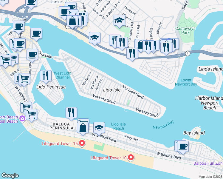 map of restaurants, bars, coffee shops, grocery stores, and more near in Newport Beach