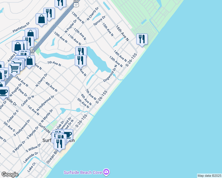 map of restaurants, bars, coffee shops, grocery stores, and more near 911 North Ocean Boulevard in Surfside Beach