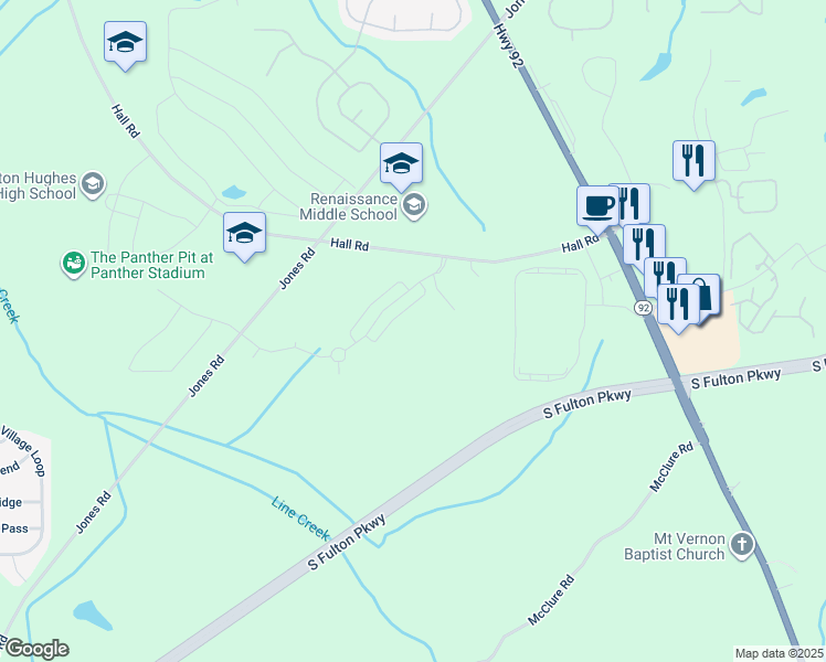 map of restaurants, bars, coffee shops, grocery stores, and more near 7171 Hall Road in Fairburn