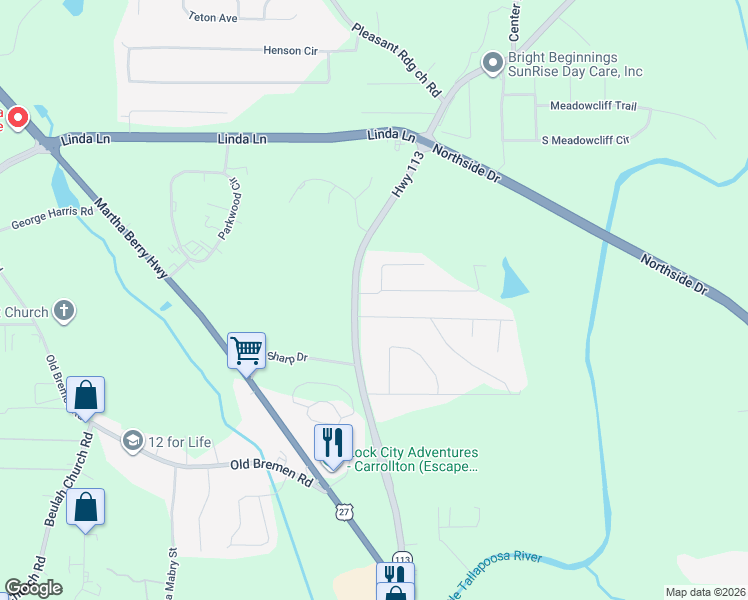 map of restaurants, bars, coffee shops, grocery stores, and more near 15 Gibson Drive in Carrollton