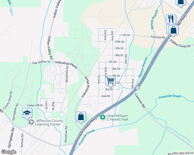 map of restaurants, bars, coffee shops, grocery stores, and more near 17 5th Street in Birmingham