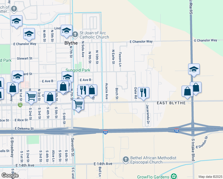 map of restaurants, bars, coffee shops, grocery stores, and more near in Blythe