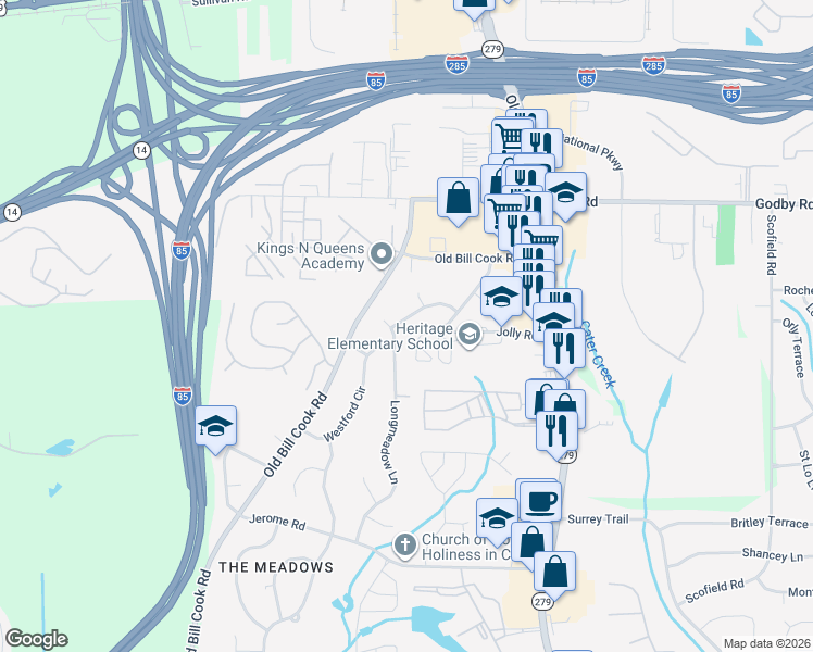 map of restaurants, bars, coffee shops, grocery stores, and more near 2700 Dunmoreland Terrace in College Park