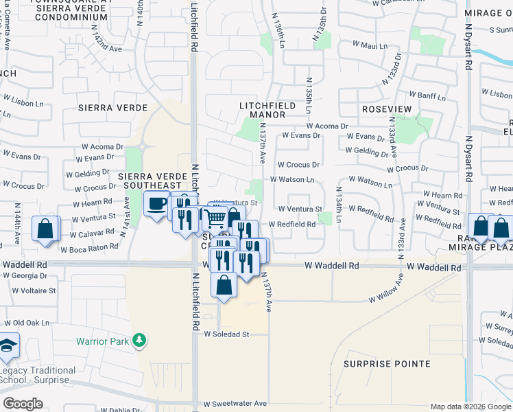 map of restaurants, bars, coffee shops, grocery stores, and more near 13759 West Ventura Street in Surprise