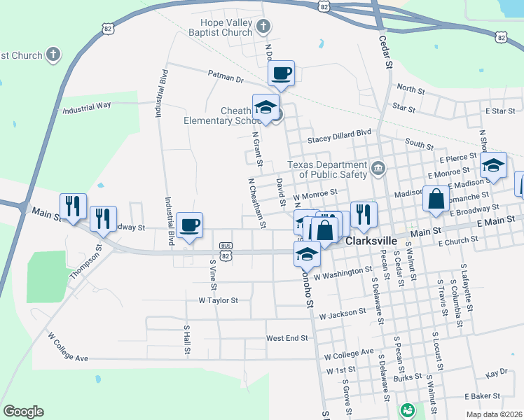 map of restaurants, bars, coffee shops, grocery stores, and more near 1015 West Madison Street in Clarksville