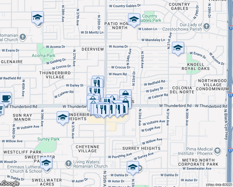 map of restaurants, bars, coffee shops, grocery stores, and more near 3432 West Calavar Road in Phoenix