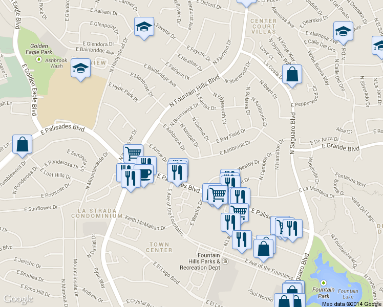 map of restaurants, bars, coffee shops, grocery stores, and more near 16512 E Ashbrook Dr in Fountain Hills