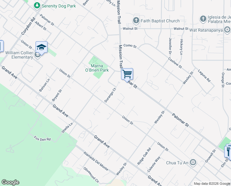 map of restaurants, bars, coffee shops, grocery stores, and more near 32642 Durango Court in Wildomar