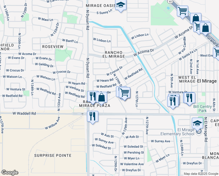 map of restaurants, bars, coffee shops, grocery stores, and more near 12941 West Redfield Road in El Mirage
