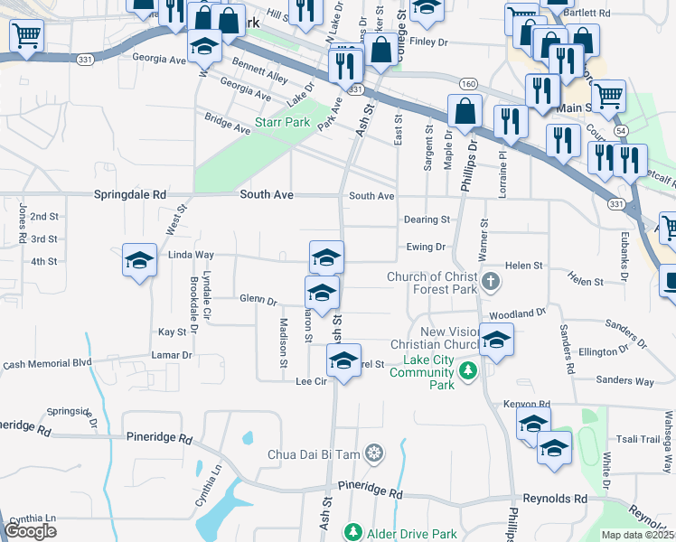 map of restaurants, bars, coffee shops, grocery stores, and more near 5211 Ash Street in Forest Park