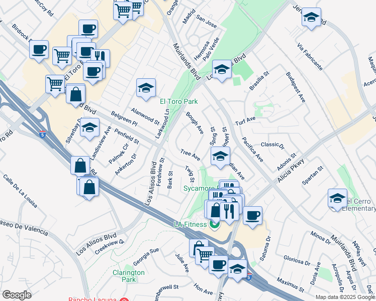 map of restaurants, bars, coffee shops, grocery stores, and more near 24991 Tree Avenue in Mission Viejo