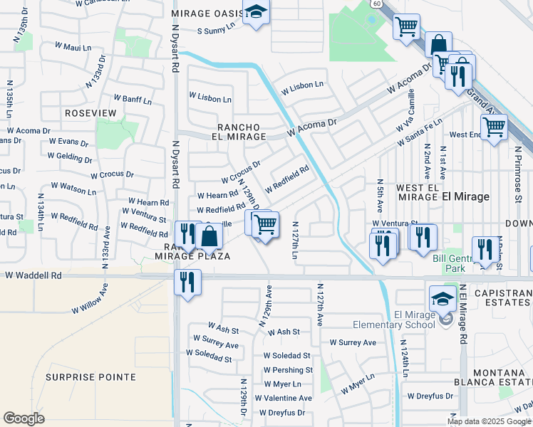 map of restaurants, bars, coffee shops, grocery stores, and more near 12913 West Via Camille in El Mirage