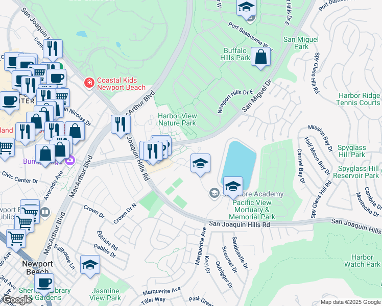 map of restaurants, bars, coffee shops, grocery stores, and more near in Newport Beach