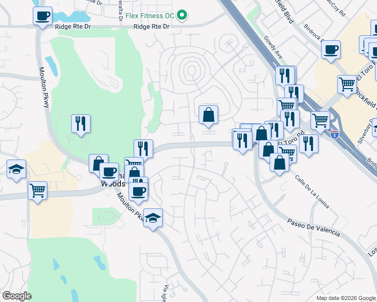 map of restaurants, bars, coffee shops, grocery stores, and more near in Laguna Woods