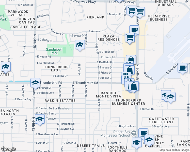 map of restaurants, bars, coffee shops, grocery stores, and more near 6836 East Ludlow Drive in Scottsdale