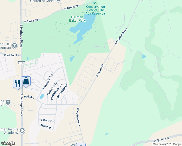 map of restaurants, bars, coffee shops, grocery stores, and more near 2116 West Moore Street in Sherman