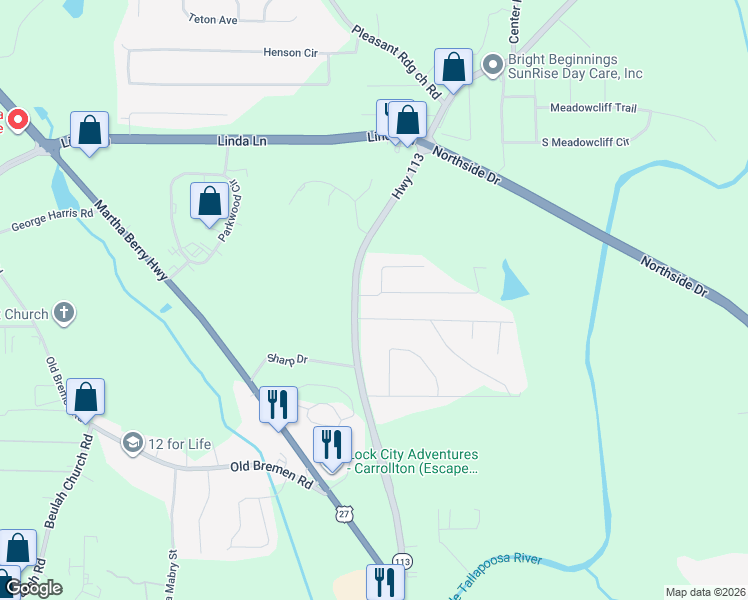 map of restaurants, bars, coffee shops, grocery stores, and more near 15 Gibson Drive in Carrollton