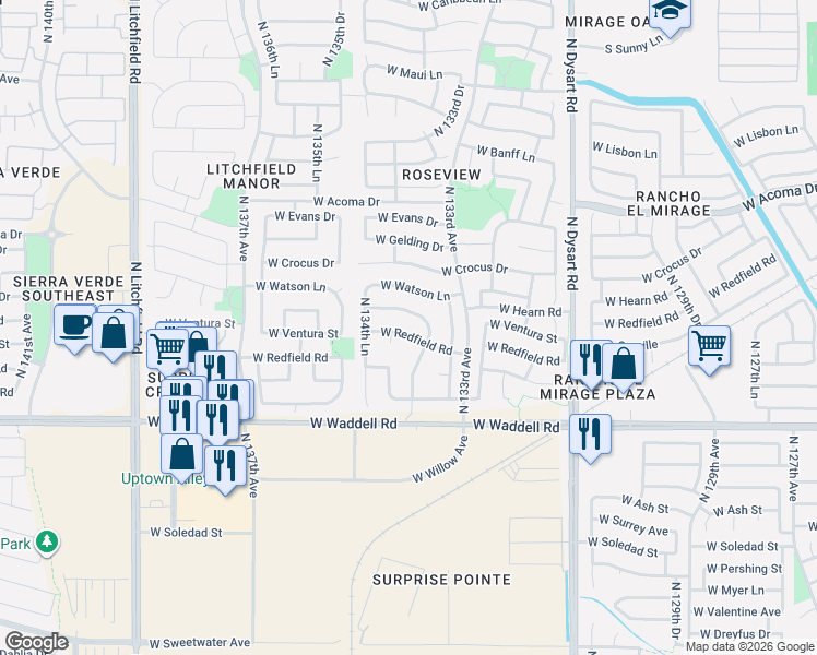 map of restaurants, bars, coffee shops, grocery stores, and more near 13391 West Redfield Road in Surprise