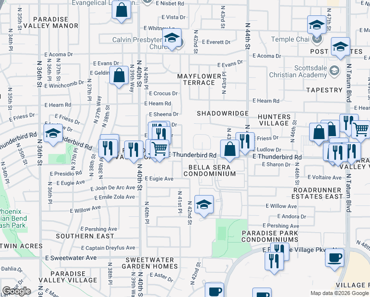 map of restaurants, bars, coffee shops, grocery stores, and more near 4201 East Ludlow Drive in Phoenix