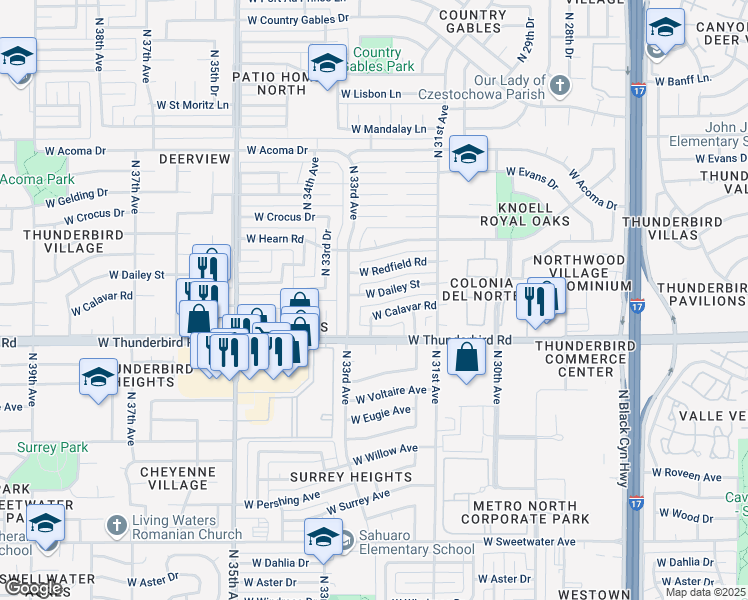 map of restaurants, bars, coffee shops, grocery stores, and more near 3216 West Calavar Road in Phoenix