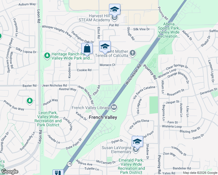 map of restaurants, bars, coffee shops, grocery stores, and more near 31614 Cobalite Drive in French Valley