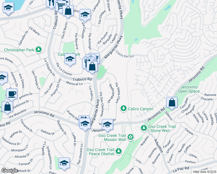map of restaurants, bars, coffee shops, grocery stores, and more near 27382 Via Cortez in Mission Viejo