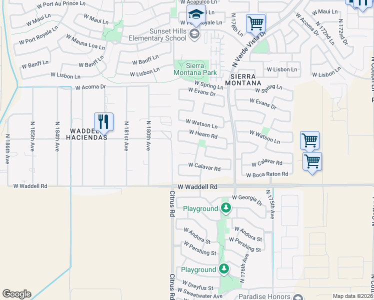map of restaurants, bars, coffee shops, grocery stores, and more near 17853 West Redfield Road in Surprise