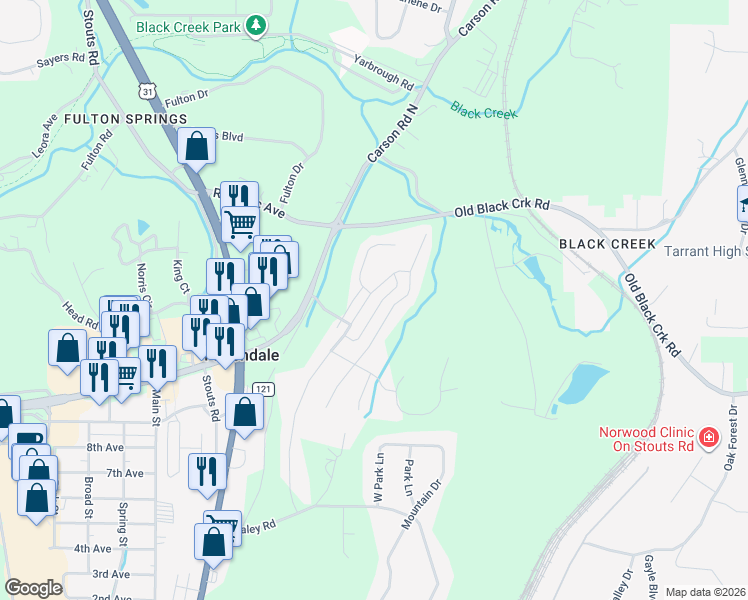 map of restaurants, bars, coffee shops, grocery stores, and more near 3673 Burlington Drive in Fultondale