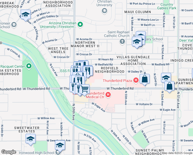 map of restaurants, bars, coffee shops, grocery stores, and more near 5750 West Thunderbird Road in Glendale