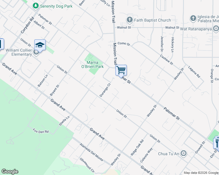 map of restaurants, bars, coffee shops, grocery stores, and more near 32642 Durango Court in Wildomar