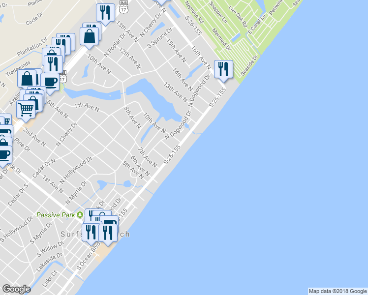 map of restaurants, bars, coffee shops, grocery stores, and more near 917B North Ocean Boulevard in Surfside Beach